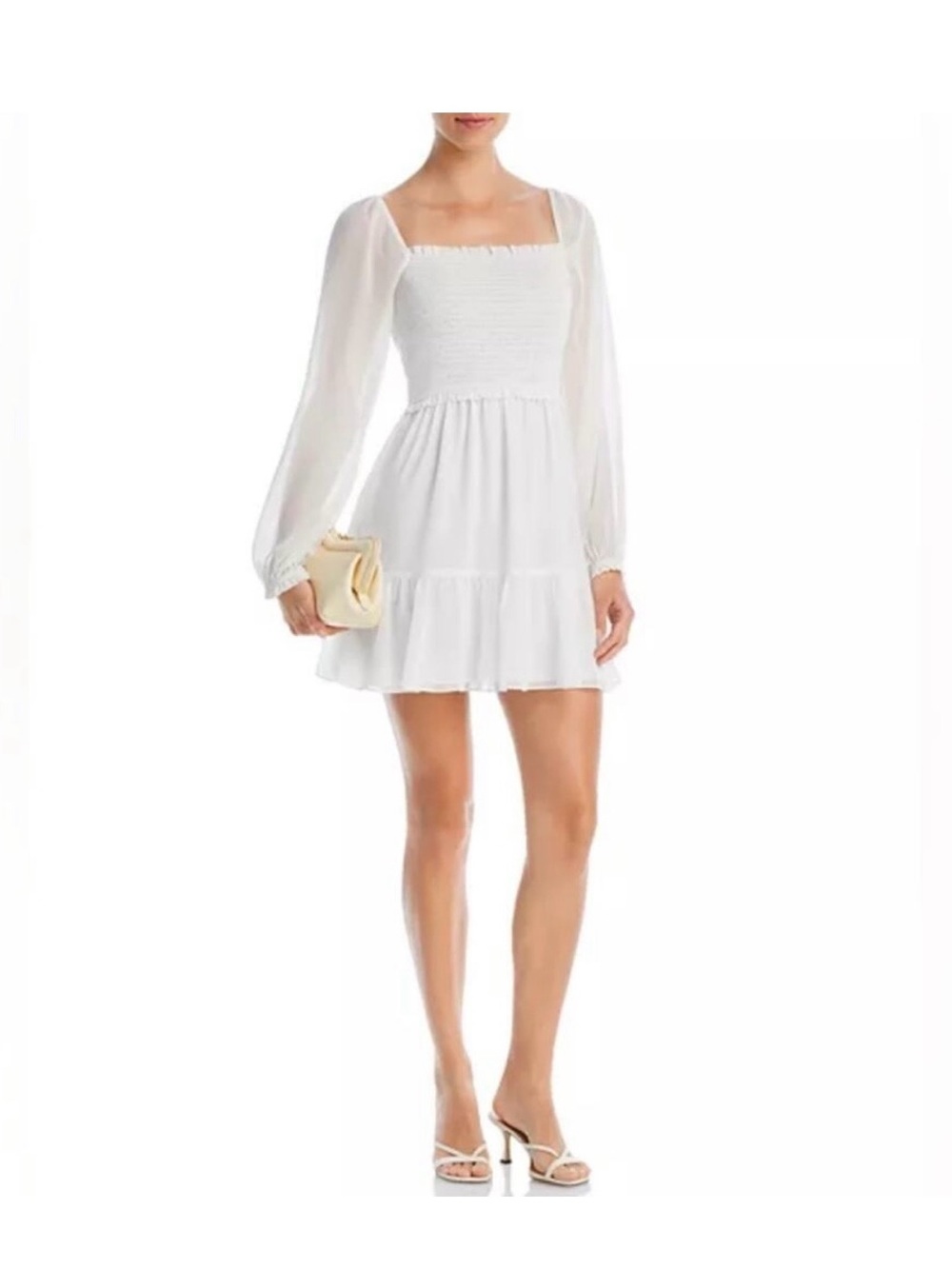 1. State White Chiffon Smocked Square-Neck Mini Dress with Sheer Long Sleeves